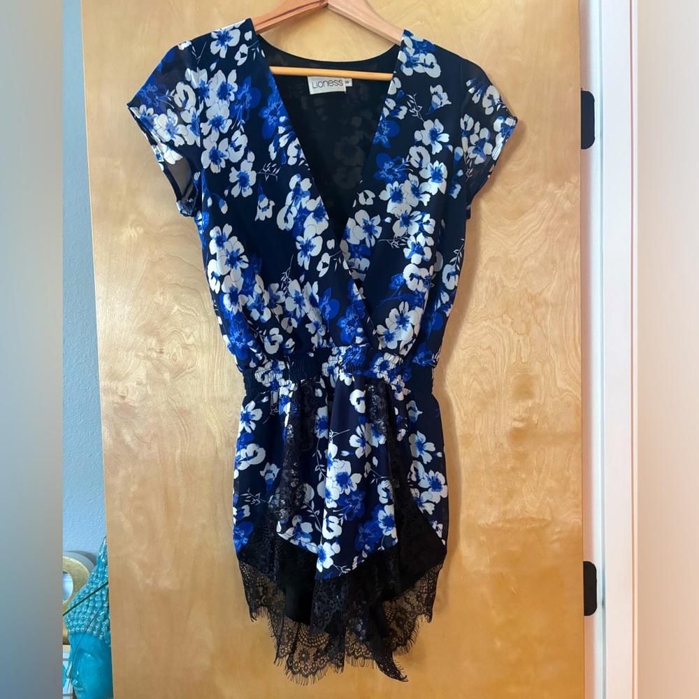 Blue Floral Lace-Trim Romper